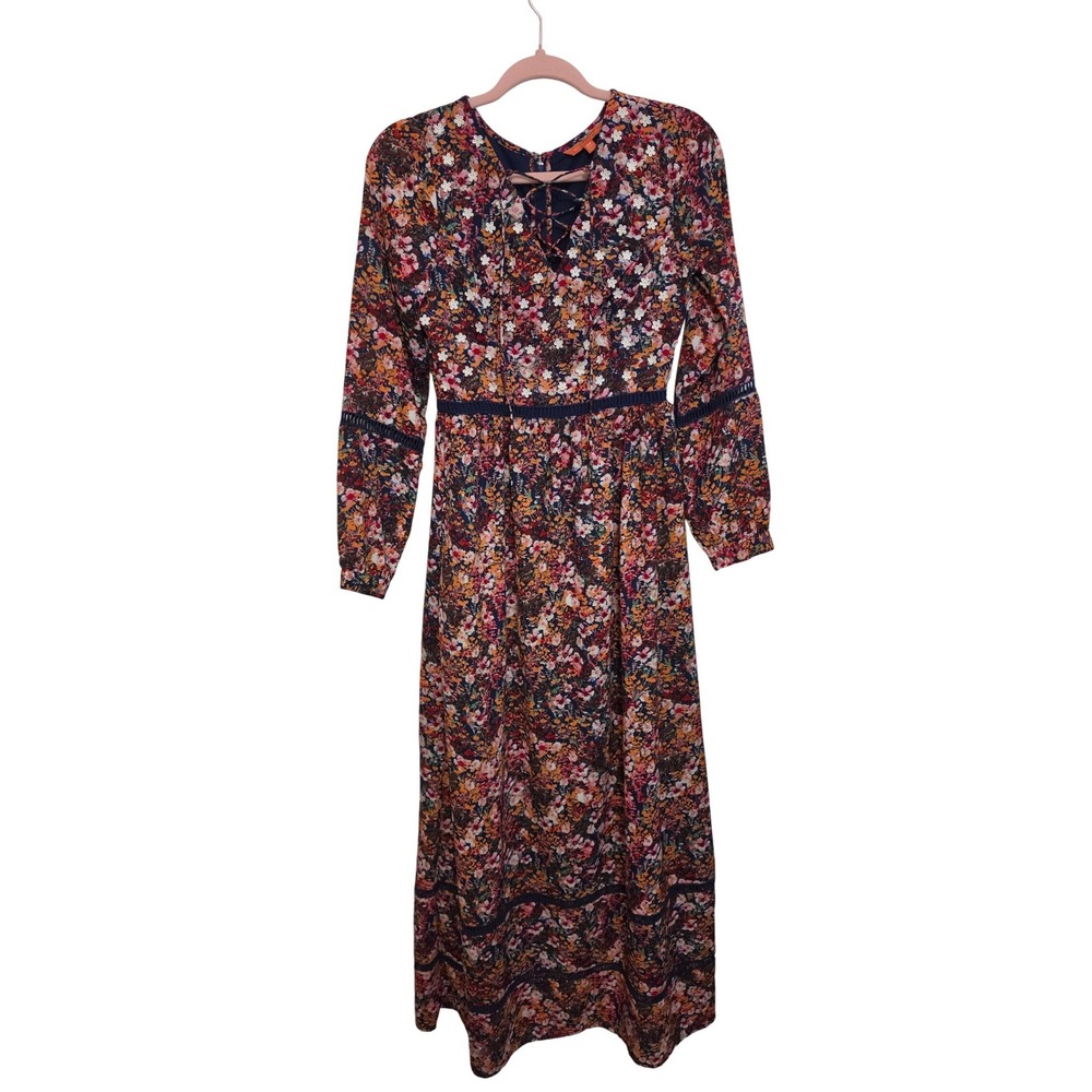 ModCloth XS Floral Maxi Dress Cottagecore‎ Long Sleeve Embroidered Boho Navy